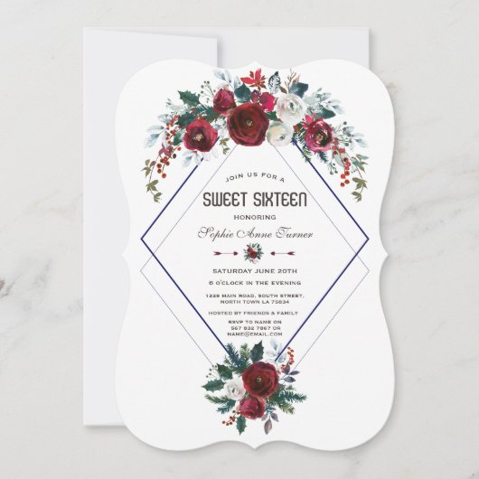 ウィンターブルゴーニュフローラネイビーブルースウィート16 招待状 (正面)