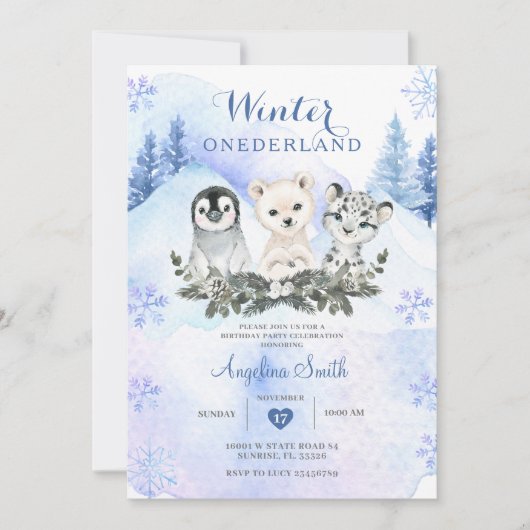 ウィンターブルーアークティックマウンテンオネデランド誕生日 招待状 (正面)