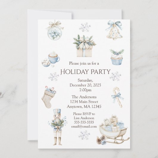 ウィンターブルーエレガントウォーター色ホリデーパーティー 招待状 (正面)
