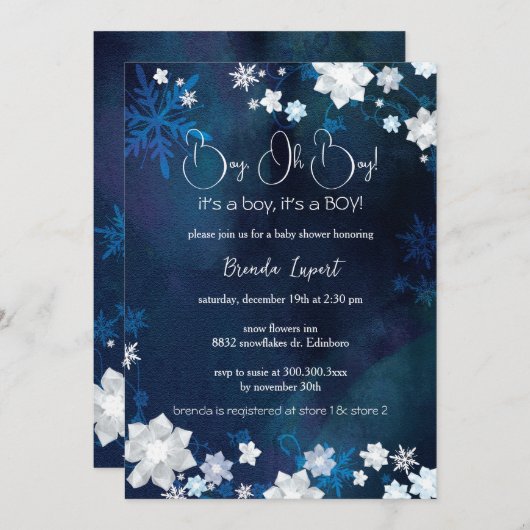 ウィンターブルーグリッター男の赤ちゃんシャワー 招待状 (正面/裏面)