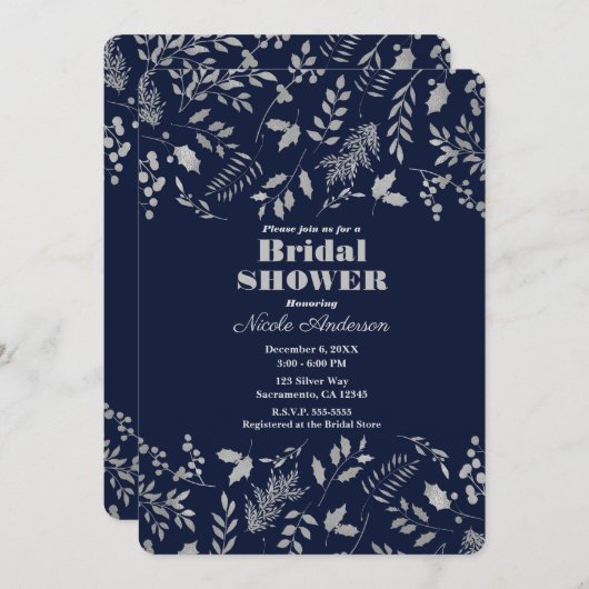ウィンターブルーシルバー離れズボタニカルブライダルシャワー 招待状 (正面/裏面)