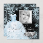 ウィンターブルースノーフレークフォトSweet sixteenパーティー 招待状 (正面/裏面)