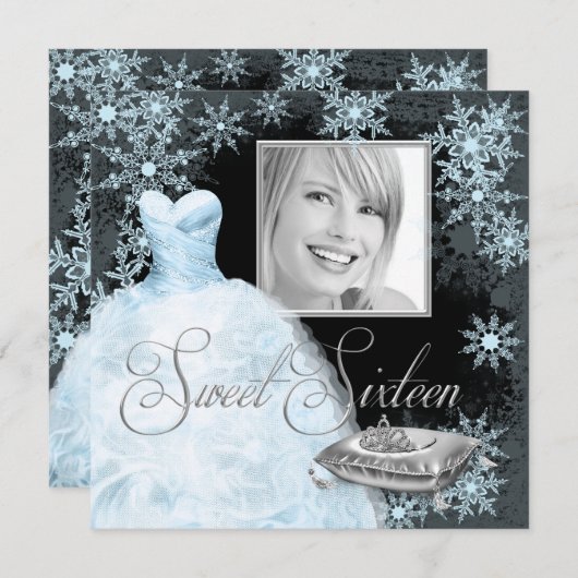 ウィンターブルースノーフレークフォトSweet sixteenパーティー 招待状 (正面/裏面)