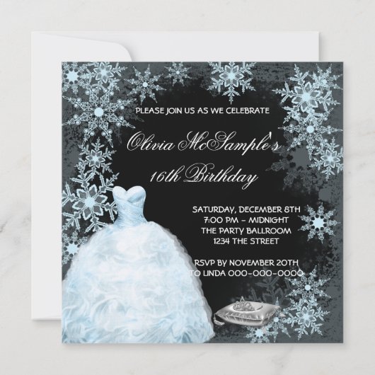 ウィンターブルースノーフレークフォトSweet sixteenパーティー 招待状 (裏面)