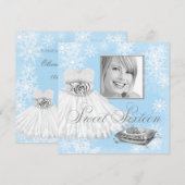ウィンターブルースノーフレークフォトSweet sixteenパーティー 招待状 (正面/裏面)