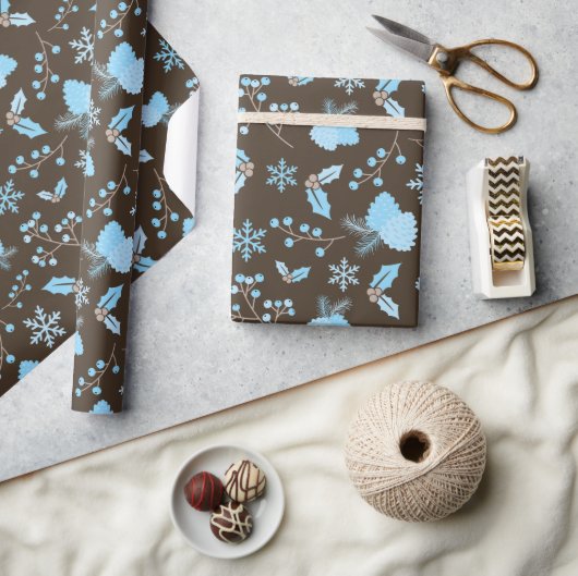 ウィンターブルースノーフレークミストレトーピネコーンシームレス ラッピングペーパー (クラフト)