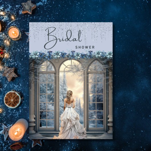 ウィンターブルースノーフローラエレガントブライダルシャワー 招待状