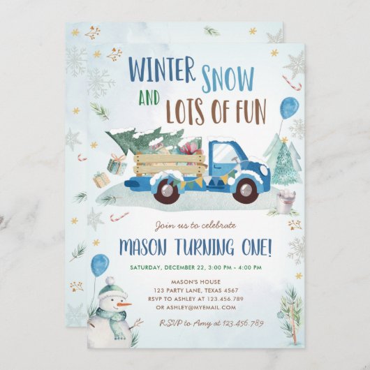 ウィンターブルートラック雪おもしろいボーイファースト誕生日 招待状 (正面/裏面)
