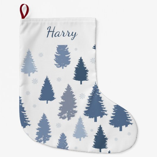 ウィンターブルーパインツリーズパターンカスタム ラージクリスマスストッキング (正面)