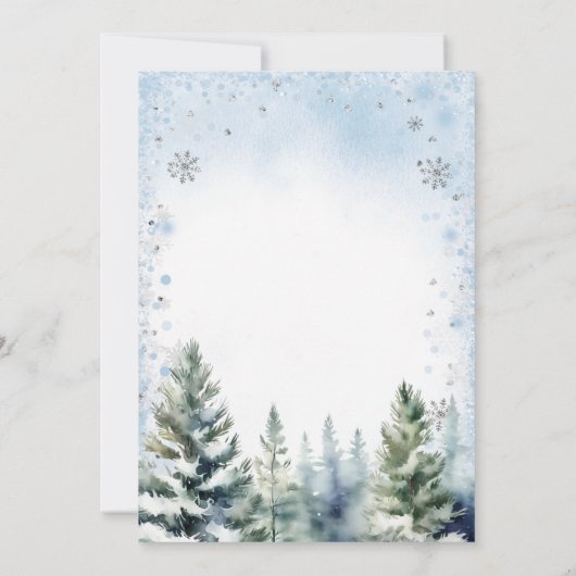 ウィンターブルーパインツリーベビーシャワースノーフレーク 招待状 (裏面)