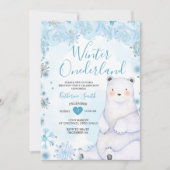 ウィンターブルーフラワーズスノーフレークベア誕生日 招待状 (正面)