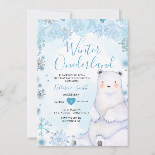 ウィンターブルーフラワーズスノーフレークベア誕生日 招待状 (正面)