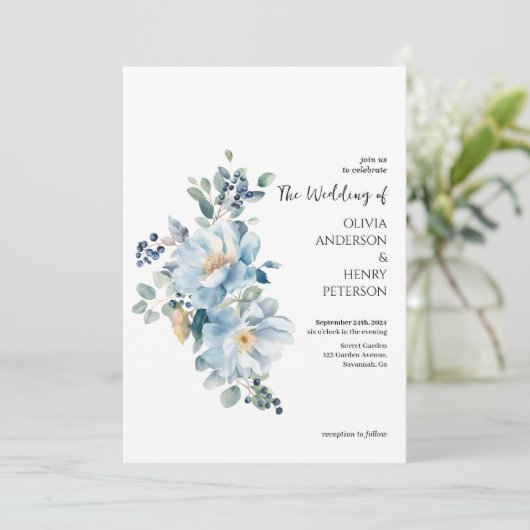 ウィンターブルーフラワーズQRコード結婚式招待状 招待状 (スタンド正面)