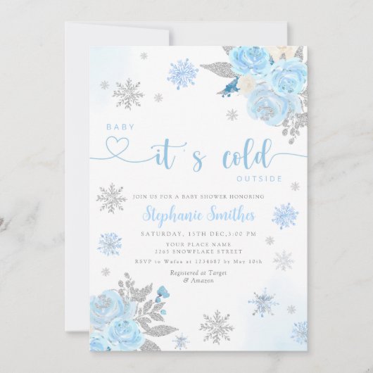 ウィンターブルーベビーベビーシャワー外は寒い 招待状 (正面)