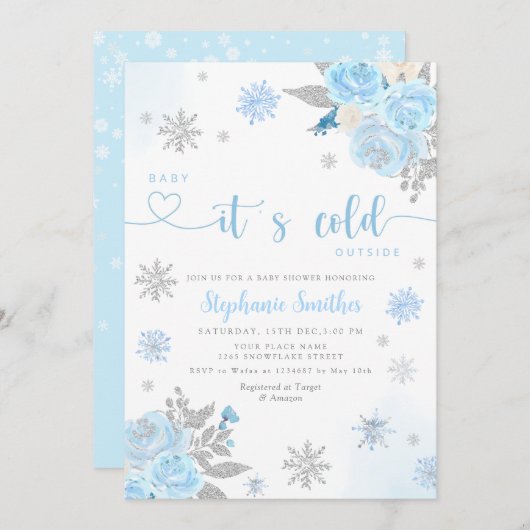 ウィンターブルーベビーベビーシャワー外は寒い 招待状 (正面/裏面)