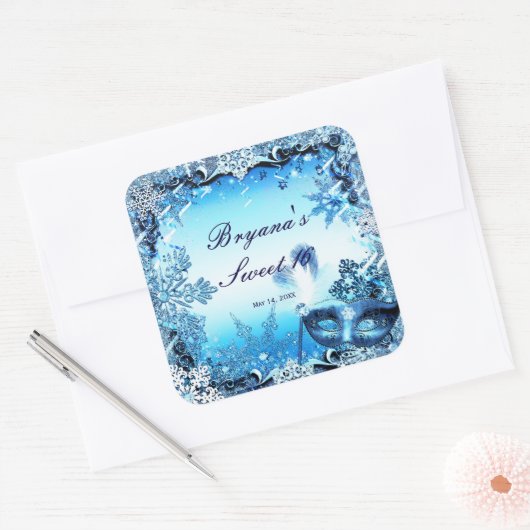 ウィンターブルーマスカレードマスク&スノーフレークエレガント スクエアシール (封筒)