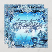 ウィンターブルーマスカレードマスク&スノーフレークエレガント 招待状 (正面/裏面)