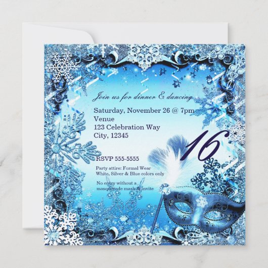 ウィンターブルーマスカレードマスク&スノーフレークエレガント 招待状 (裏面)