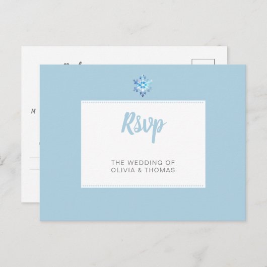 ウィンターブルーミニマル結婚リストスノーフレークの食事RSVP インビテーションポストカード (正面/裏面)