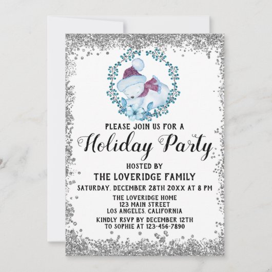 ウィンターブルーリースクリスマスホリデーパーティーシルバー 招待状 (正面)