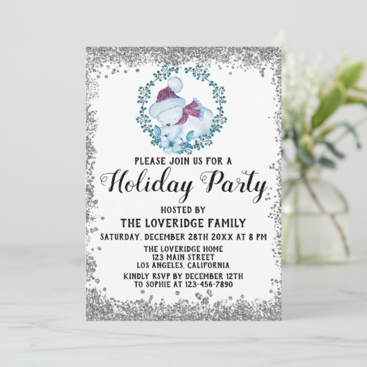 ウィンターブルーリースクリスマスホリデーパーティーシルバー 招待状 (スタンド正面)