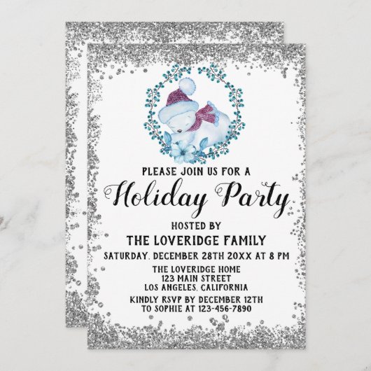 ウィンターブルーリースクリスマスホリデーパーティーシルバー 招待状 (正面/裏面)