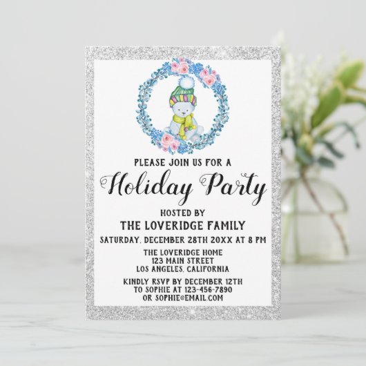ウィンターブルーリースクリスマスホリデーパーティーシルバー 招待状 (スタンド正面)