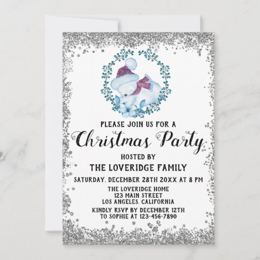 ウィンターブルーリースホリデークリスマスパーティーシルバー 招待状 (正面)