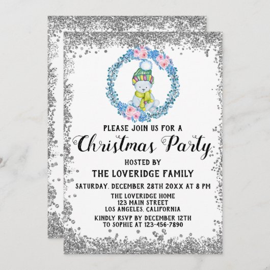 ウィンターブルーリースホリデークリスマスパーティーシルバー 招待状 (正面/裏面)
