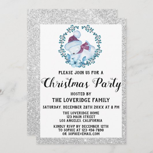 ウィンターブルーリースホリデークリスマスパーティーシルバー 招待状 (正面/裏面)