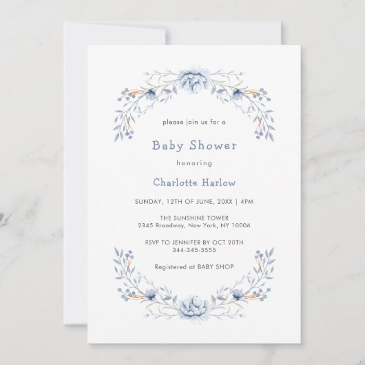 ウィンターブルーワイルドフラワーフローラリースベビーシャワー 招待状 (正面)