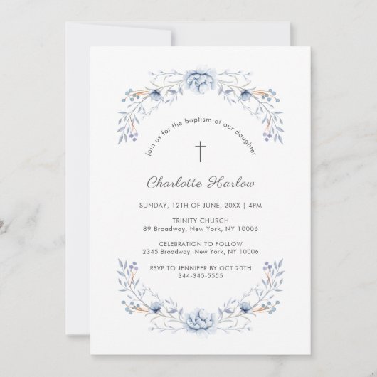 ウィンターブルーワイルドフラワーリースクロスバプテスマ 招待状 (正面)
