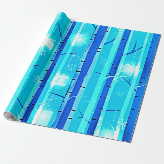 ウィンターブルー樺の木ツリーと雪片 ラッピングペーパー (アンロールド)