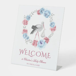 ウィンターブルー赤面ピンクフローラリースウェルカムペデス 台座サイン