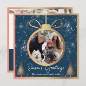 ウィンターブルー金ゴールドクリスマスオーナメント2写真 シーズンカード (正面/裏面)