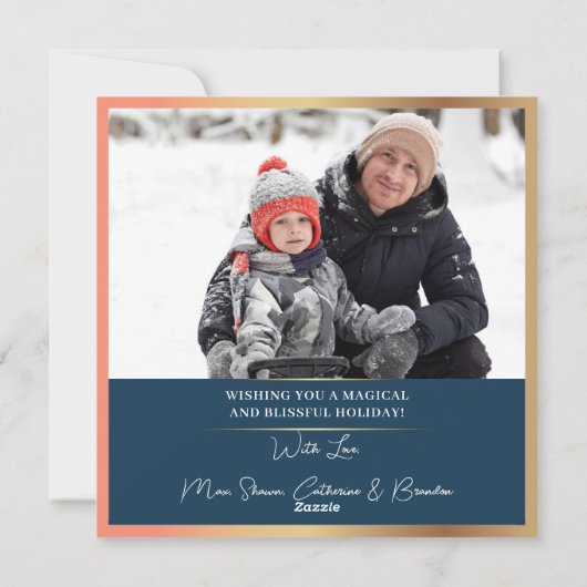 ウィンターブルー金ゴールドクリスマスオーナメント2写真 シーズンカード (裏面)