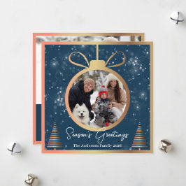 ウィンターブルー金ゴールドクリスマスオーナメント2写真 シーズンカード