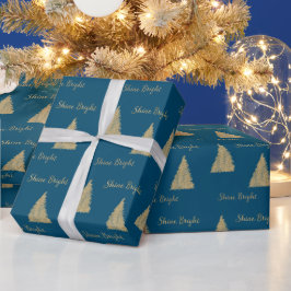 ウィンターブルー金ゴールドグリッタークリスマスツリーズ      ラッピングペーパー