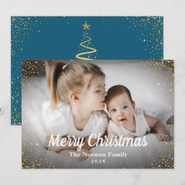 ウィンターブルー金ゴールドグリッターメリークリスマスフォト シーズンカード