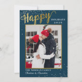ウィンターブルー金ゴールドスクリプトハッピーホリデー写真 シーズンカード (正面)