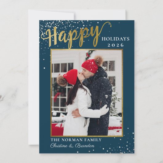 ウィンターブルー金ゴールドスクリプトハッピーホリデー写真 シーズンカード (正面)