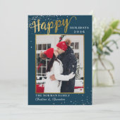 ウィンターブルー金ゴールドスクリプトハッピーホリデー写真 シーズンカード (スタンド正面)