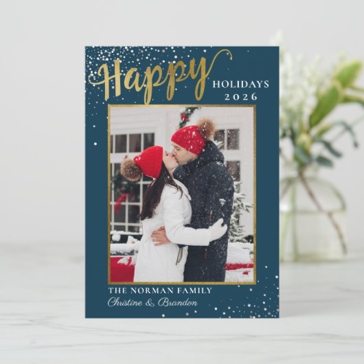 ウィンターブルー金ゴールドスクリプトハッピーホリデー写真 シーズンカード (スタンド正面)