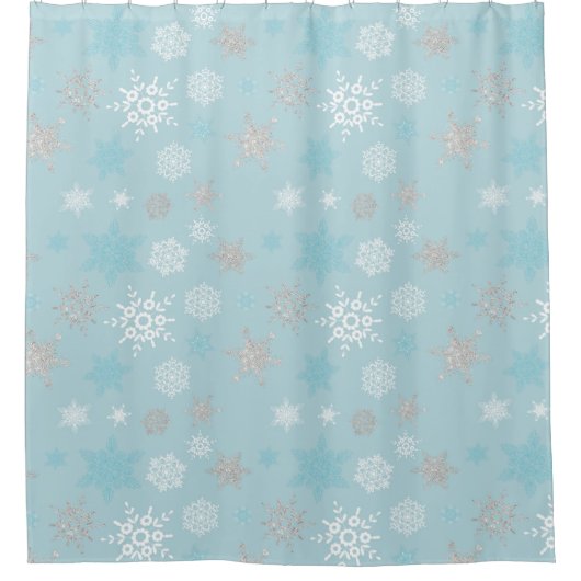 ウィンターブルー銀のスノーフレーク・パターン シャワーカーテン (正面)