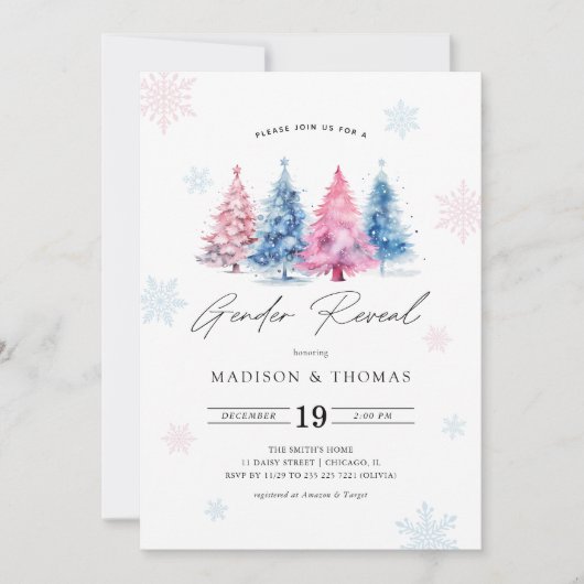 ウィンターブルー |ピンクのクリスマスツリー性別の表示 招待状 (正面)