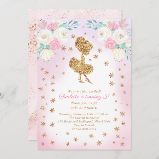 ウィンタープリンセス バレリーナ グリッター 誕生日 招待状 (正面/裏面)