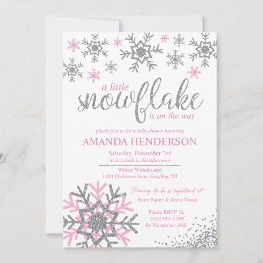 ウィンタープロモーション ピンクの雪の結晶 赤ちゃん歓迎会 招待状 (正面)