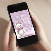 ウィンターベアーピンクベビーガールファースト誕生日 招待状