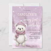 ウィンターベアーピンクベビーガールファースト誕生日 招待状 (正面)