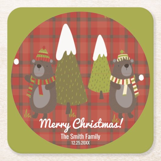 ウィンターベアーホワイトクリスマスレッドバッファロープレイド スクエアペーパーコースター (正面)